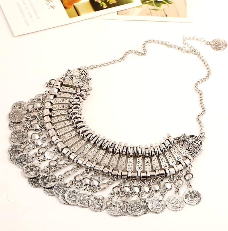 CCBFY Long Tassel Chunky Boho Coin Statement Necklace For Women Silver - Image 5